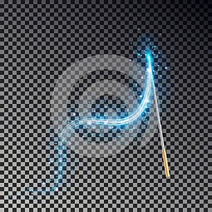 Magic wand vector. Transparent miracle stick with glow blue light tail isolated on dark background.