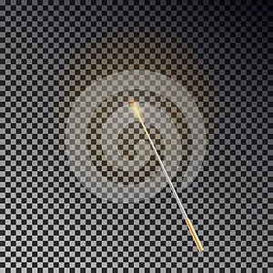 Magic wand vector. Transparent miracle stick with glow yellow light isolated on dark background. Wiz