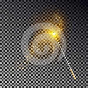 Magic wand vector. Transparent miracle stick with glow yellow light tail isolated on dark background