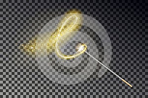 Magic wand vector. Transparent miracle stick with glow yellow light tail isolated on dark background