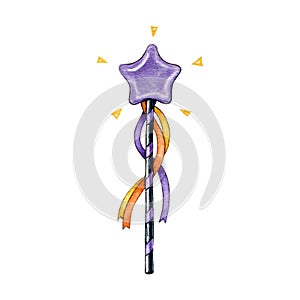 Magic wand watercolor illustration. Bright magical element. Hand drawn purplr fairy wand with sparks, ribbons. Wizard
