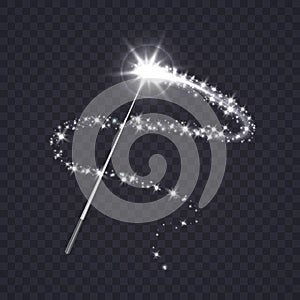 Magic wand with white swirl and sparkles isolated on transparent background.