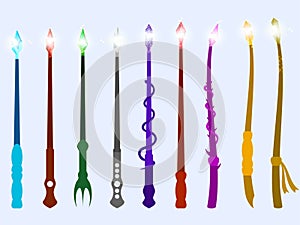 Magic wands. Magic crystal and magical objects. Wizard tool. Vector