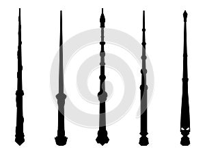 Magic wands set. Wizard tool. Wooden stick collection. Black contour isolated on white background. Vector