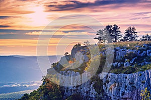 Magic warm sunset and mountain stone cliff in Croatia