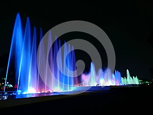 Magic Water Circuit scenic night view of modern waterjet fountains in Lima, Peru