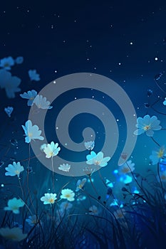 Magic white flower on blue spectrum in the dark like a dream Created with Generative AI technology