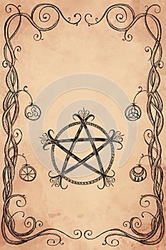 Magic wiccan old book cover. Witchcraft illustration with occult symbols and signs.