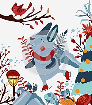 Magic winter, cute rabbit in a scarf on skates with winter berry, leaves, Christmas tree, stars. Woodland funny animal