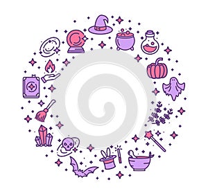Magic Witch Halloween Design Template Thin Line Icon Frame Concept. Vector