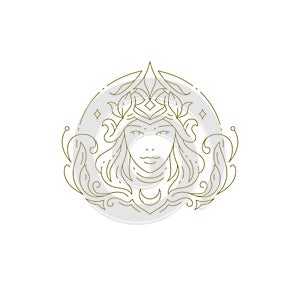 Magic witch woman goddess portrait abstract curved decor element minimal line beauty logo vector