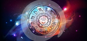 Magic witchcraft Astrology wheel with zodiac signs on open space background. Horoscope vector illustration
