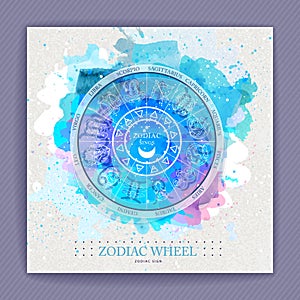 magic witchcraft Astrology wheel with zodiac signs on watercolor background. Horoscope vector illustration