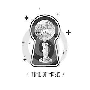 Magic witchcraft keyhole silhouette with burning candle and full moon on outer space background.