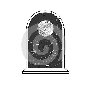 Magic witchcraft open window silhouette with full moon on outer space background.