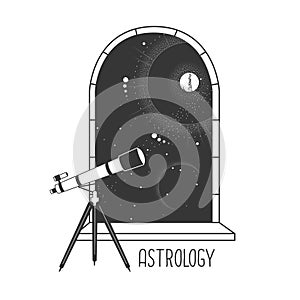 Magic witchcraft open window silhouette with full moon and telescope on outer space background.