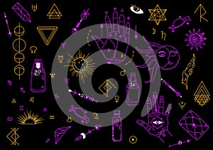 Magic and witchcraft symbols.Indian astrology and palmistry signs.Planets,moon phases and geometric runes in doodle style.