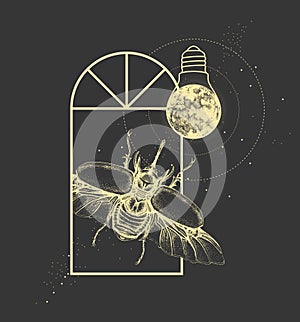 Magic witchcraft window silhouette with rhinoceros beetle and full moon like light bulb. photo