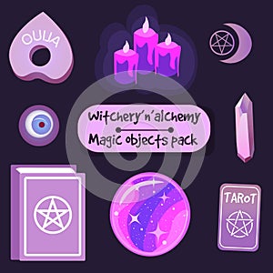 Magic witchery objects and symbols, vector pack. Crystals, candles and other pagan and occult elements