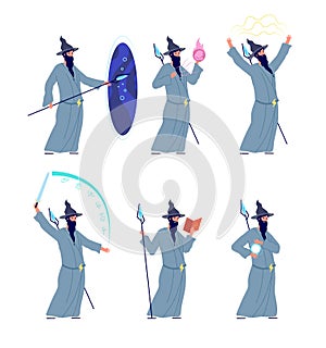 Magic wizard character. Cartoon magicians, mystery male with beard. Medieval magical person, isolated old mysterious man