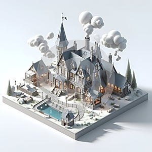 A magic wizards house with 3D render, games design, on white background, Vray renderimg, monomer building, isometric perspective