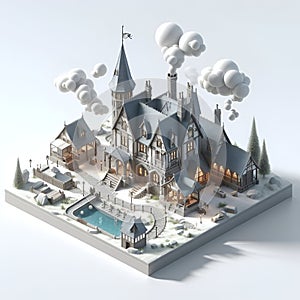 A magic wizards house with 3D render, games design, on white background, Vray renderimg, monomer building, isometric perspective photo