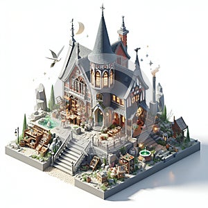 A magic wizards house, vray rendering, 3D render, monomer buildimg, realistic style, games design