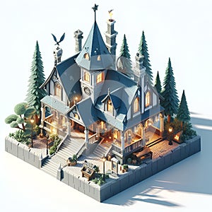 A magic wizards house on white background, in 3D render, monomer building, Vray rendering, rraliatic style, games design