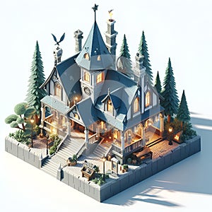A magic wizards house on white background, in 3D render, monomer building, Vray rendering, rraliatic style, games design photo
