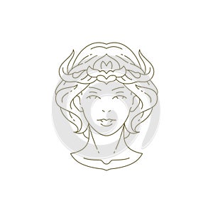 Magic woman goddess with horns premium portrait minimal line logo for beauty salon vector