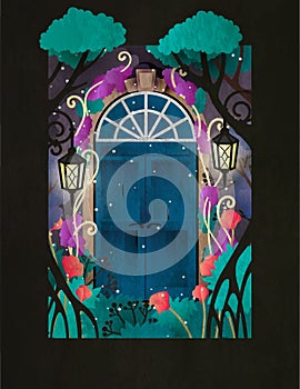 Magic wooden door in fairy forest. Two retro styled doors surrounded by trees, lamps and flowers.