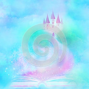 Magic world of tales, fairy castle appearing from the book