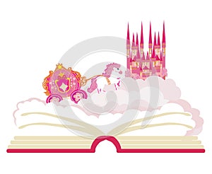 Magic world of tales, fairy castle appearing from the book