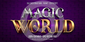 Magic World text, 3d gold and silver metallic style editable font effect