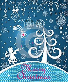 Magic Xmas greeting blue card with funny Christmas tree, paper cutting angel and Christmas star, snowflakes, hanging baubles and l
