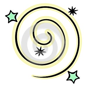 Magic yellow dust. The circle is twisted into a spiral. Ornament of green stars and snowflakes