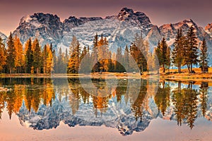 Magical alpine lake in Dolomites mountains, Antorno lake, Italy, Europe