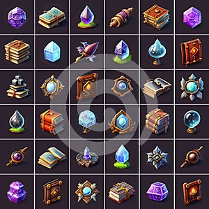 Magical artifact icons set for computer games, digital illustration