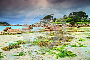 Magical Atlantic ocean coast with granite stones, Perros-Guirec, France