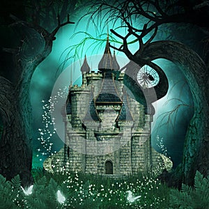 Magical background with a fantasy castle and creepy trees