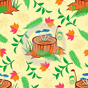 Magical blue mushroom on stump, moss, fern and autumn leaves on pastel yellow background.