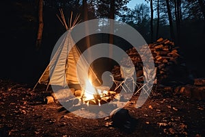 Magical Bonfire Experience: Mesmerizing Firewood Flames Surrounding Chairs and Tents