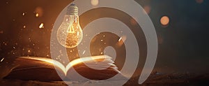 The magical book illuminated by a glowing light bulb of ideas. AI generated image