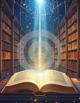 Magical Book of Knowledge in an Ancient Library