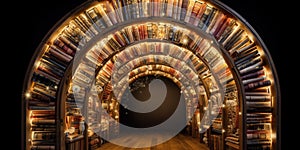 Magical bookshelf where each book opens a portal to a different world, illustrating the power of literature, concept of