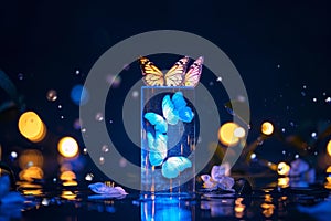 Magical butterflies in glass jar with glowing bokeh