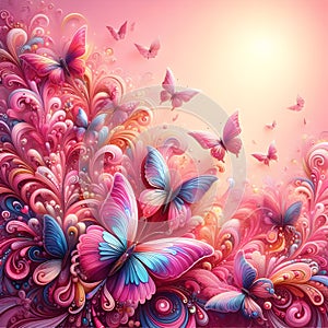 Magical butterfly background. Nature concept, colorful beauty frame, pink colored. Flowers and butterfly