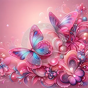 Magical butterfly background. Nature concept, colorful beauty frame, pink colored. Flowers and butterfly