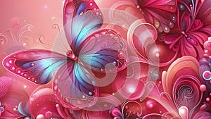 Magical butterfly background. Nature concept, colorful beauty frame, pink colored. Flowers and butterfly