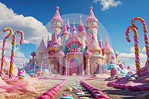 Magical candy castle, with peppermint buttresses, licorice spires, and a gumdrop path leading to the entrance